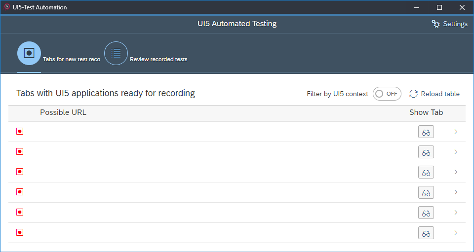 UI5 test recorder – Start Page